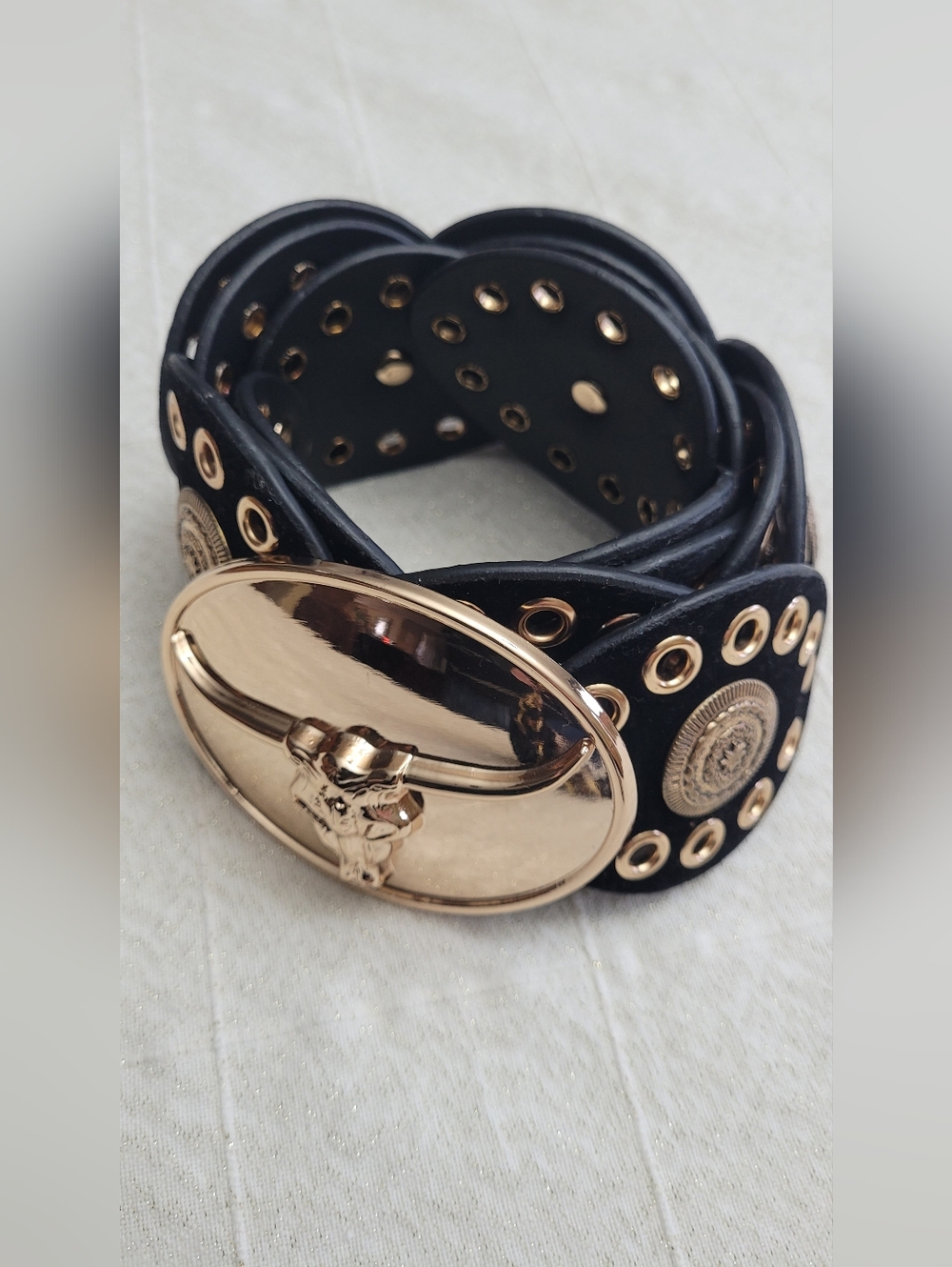 Black Scalloped Faux Leather Belt with Gold Stud Details